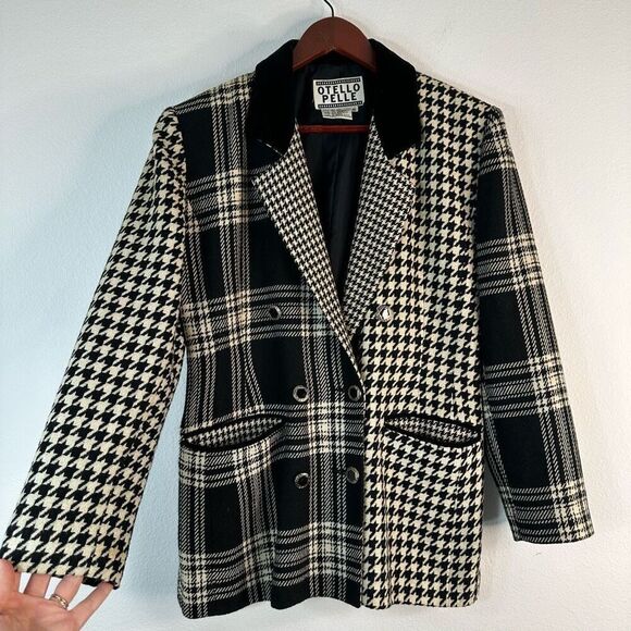 Vintage Otello Pelle Wool Blend Houndstooth Plaid Mixed Print Blazer Womens - Picture 3 of 9